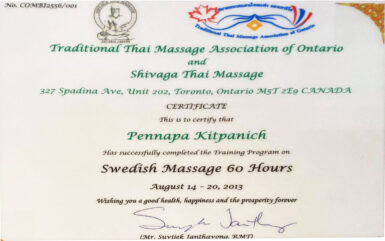 Traditional Thai Massage Association of Ontario and Shivaga Thai Massage Certificate
